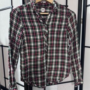 GAP Pink, Green & White Plaid Ruffle-Trim Button Down Shirt